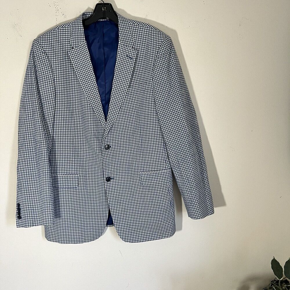 Tommy Hilfiger Sport Coat Mens 42L Gingham Plaid Two Button Blazer Blue White